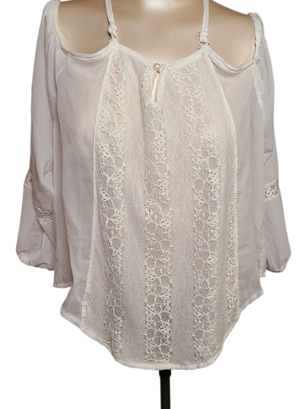 White Lace Inset Cold Shoulder Top Chiffon Long Sleeve Boho Blouse Large